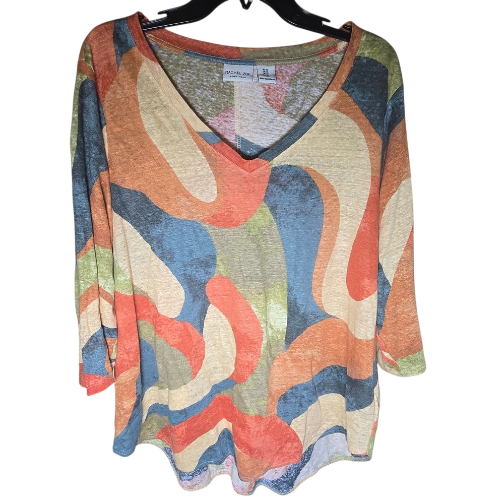 Rachel Zoe 100% Linen Artistic Boho Groovy Funky Retro Colorful Blouse Size 1X
